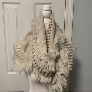 Cream Cozy Knit Scarf with Fringe and Crochet Patterns